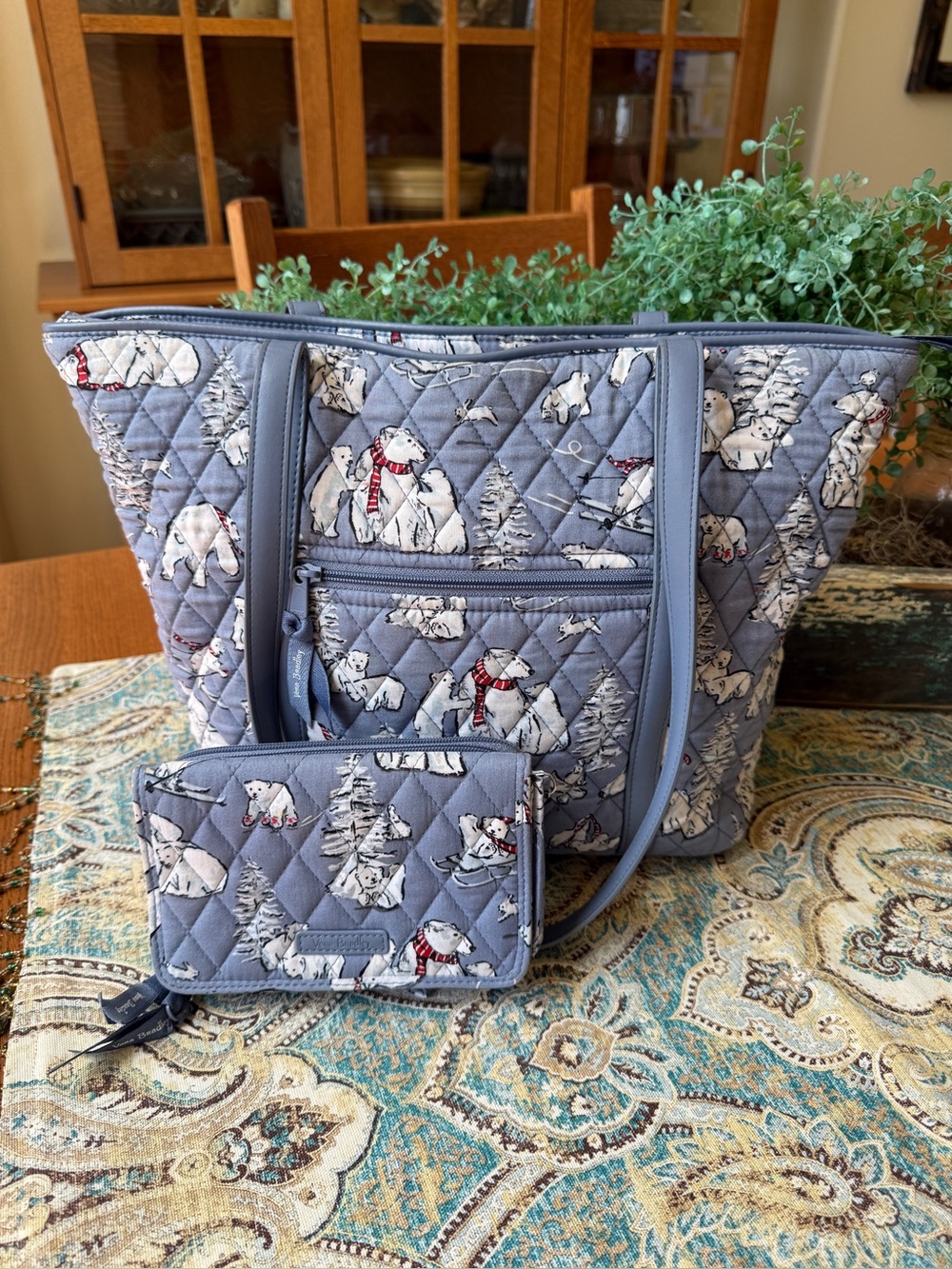 Vera Bradley Beary Merry Polar Bear Tote and RFID Wallet 2 Pc Set Gray